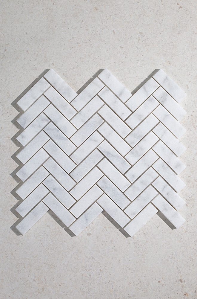 Carrara Bianco Honed Marble Herringbone Mosaic