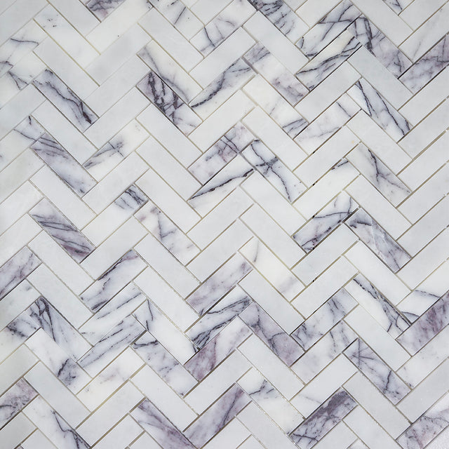 Carrara Viola Dusk Honed Marble Herringbone Mosaic