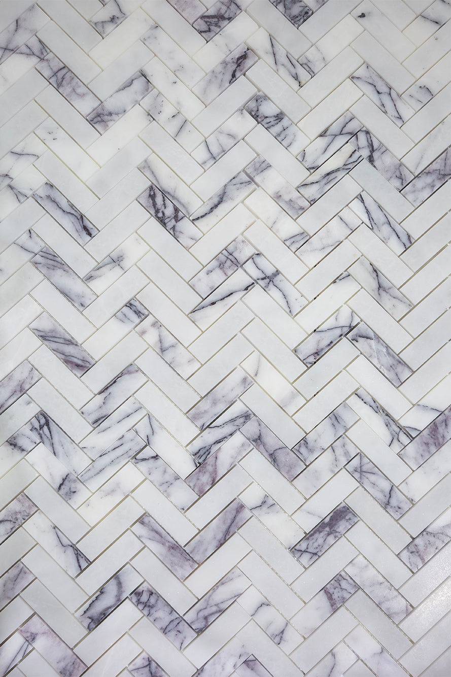 Carrara Viola Dusk Honed Marble Herringbone Mosaic