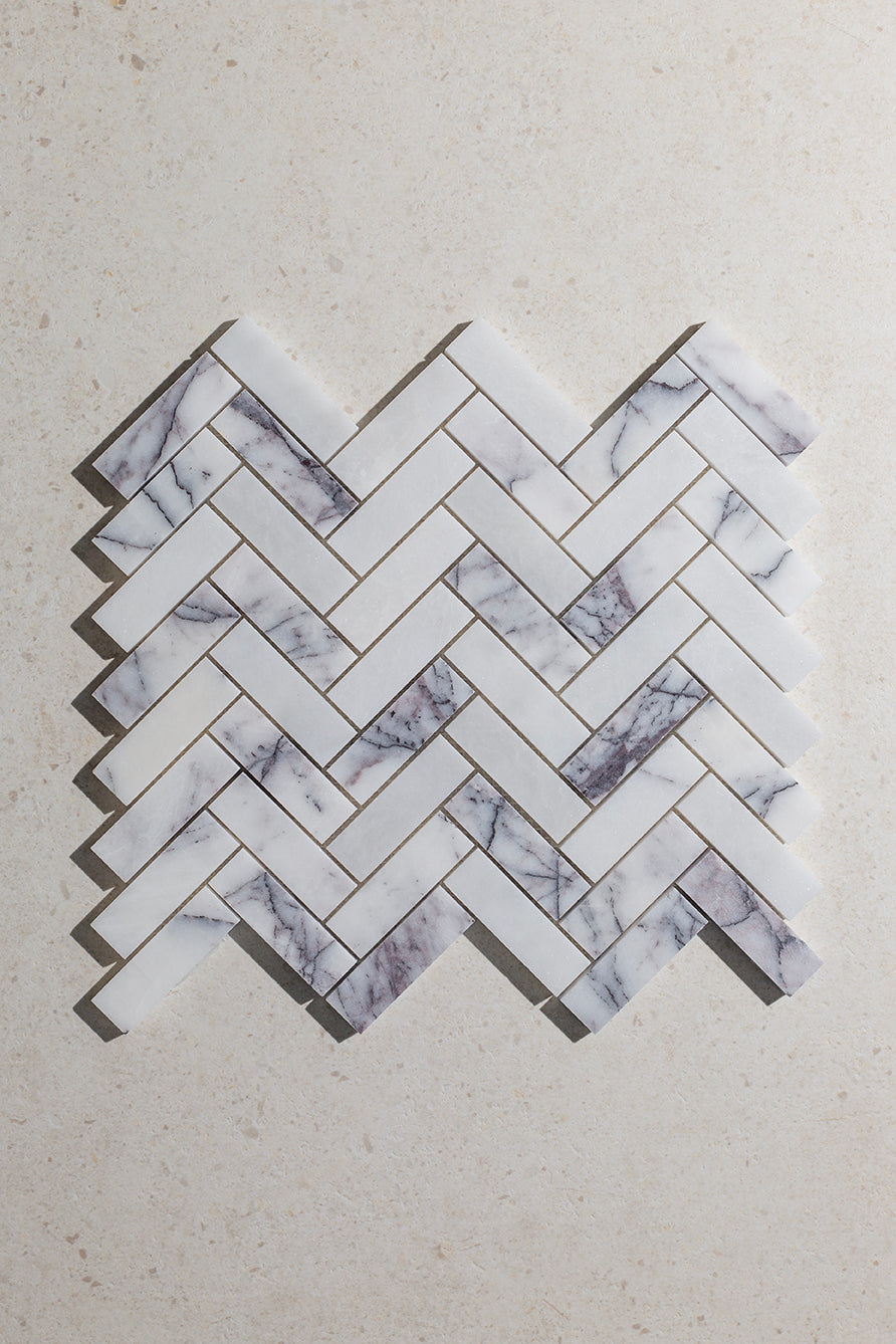 Carrara Viola Dusk Honed Marble Herringbone Mosaic