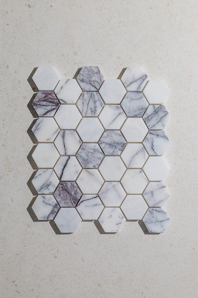 Carrara Viola Dusk Honed Marble Hexagon Mosaic