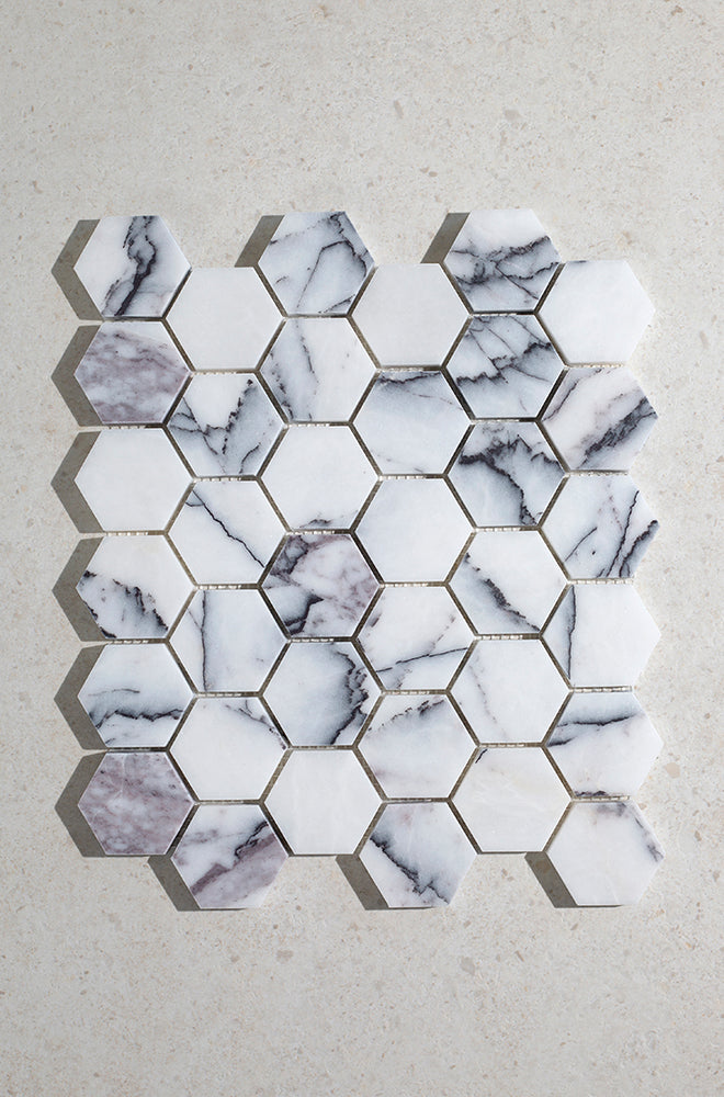 Carrara Viola Honed Marble Hexagon Mosaic