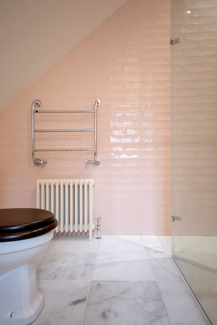 Parisian White Tumbled Marble and Primrose Blush Metro Tiles